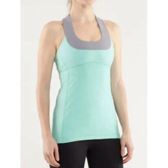 Lululemon Scoop Neck Tank Top Turquoise Gray Mesh T Back Women's Size 6 No Pads - Picture 1 of 8